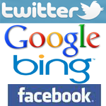 Logos von Twitter, Google, Bing und Facebook