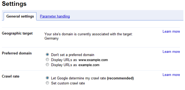 Einstellungen zur bevorzugten Domain in den Google Webmaster Tools