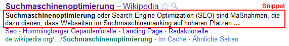 Snippet zum Suchbegriff "Suchmaschinenoptimierung" Ein Snippet zum Suchbegriff "Suchmaschinenoptimierung"