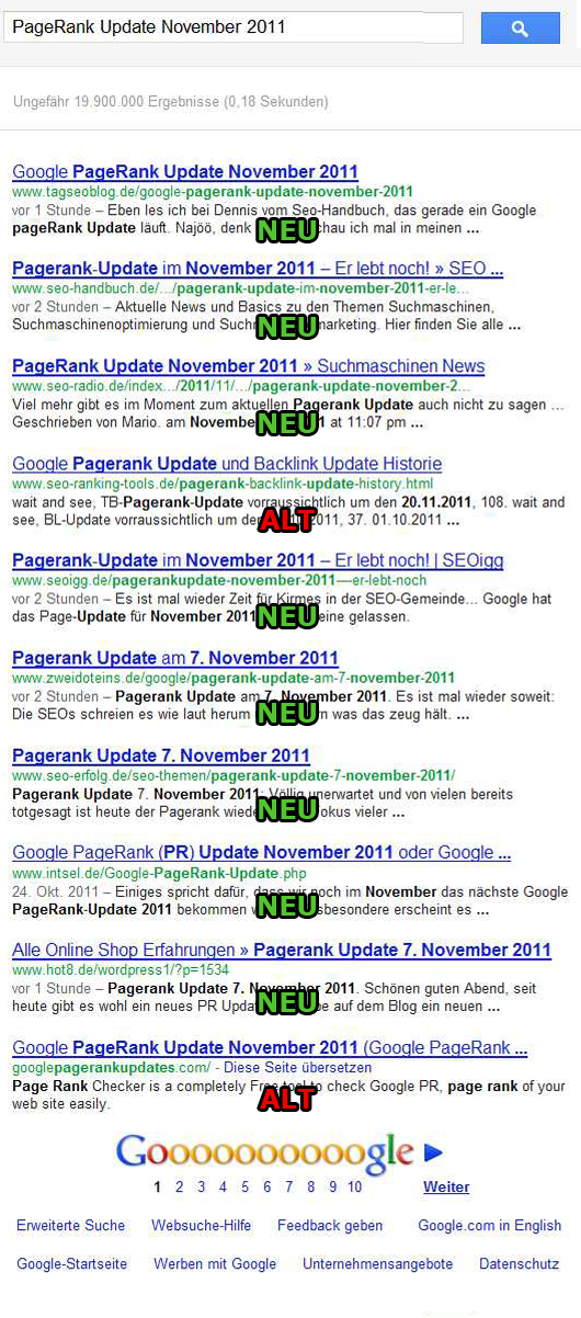 PageRank Update November 2011 SERPs nach dem Freshness Update PageRank Update November 2011 SERPs nach dem Freshness Update