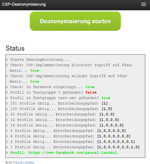 Screenshot vom Tool zur CSP-Deanonymisierung